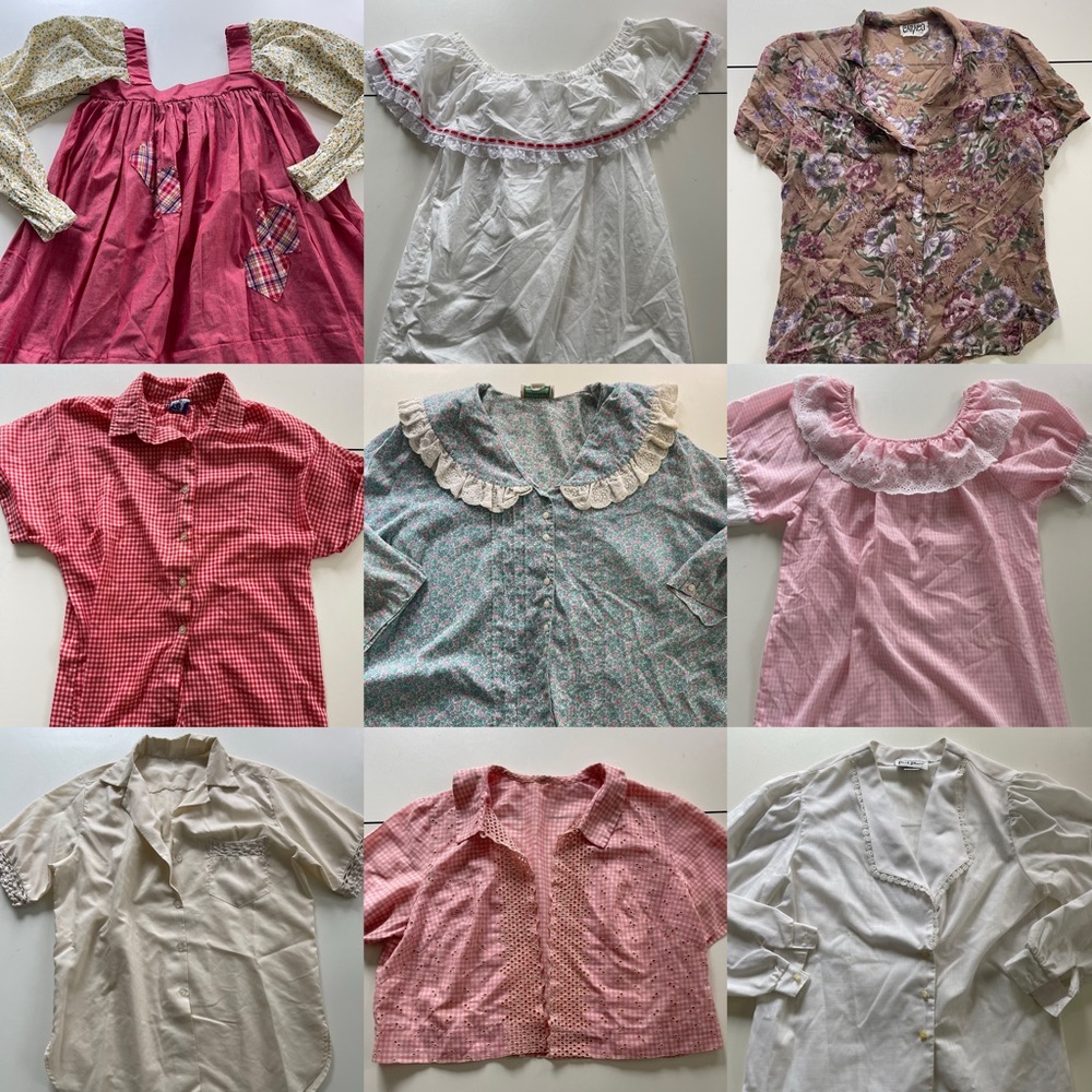 16 Vintage prairie cottage core eyelet lace ruffle blouses lot